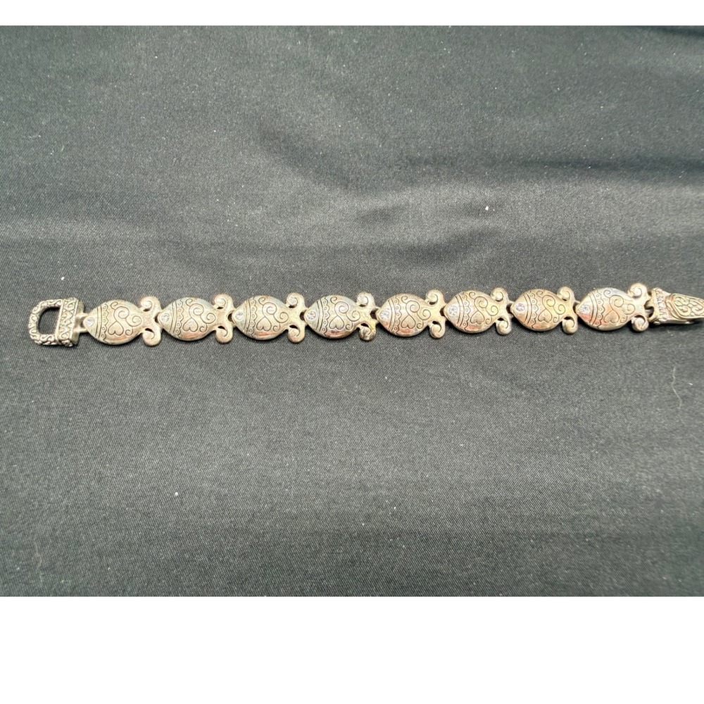 Vintage Silver Tone Fish Link Bracelet Crystal Accents Heart Scrollwork 7.5 Inch